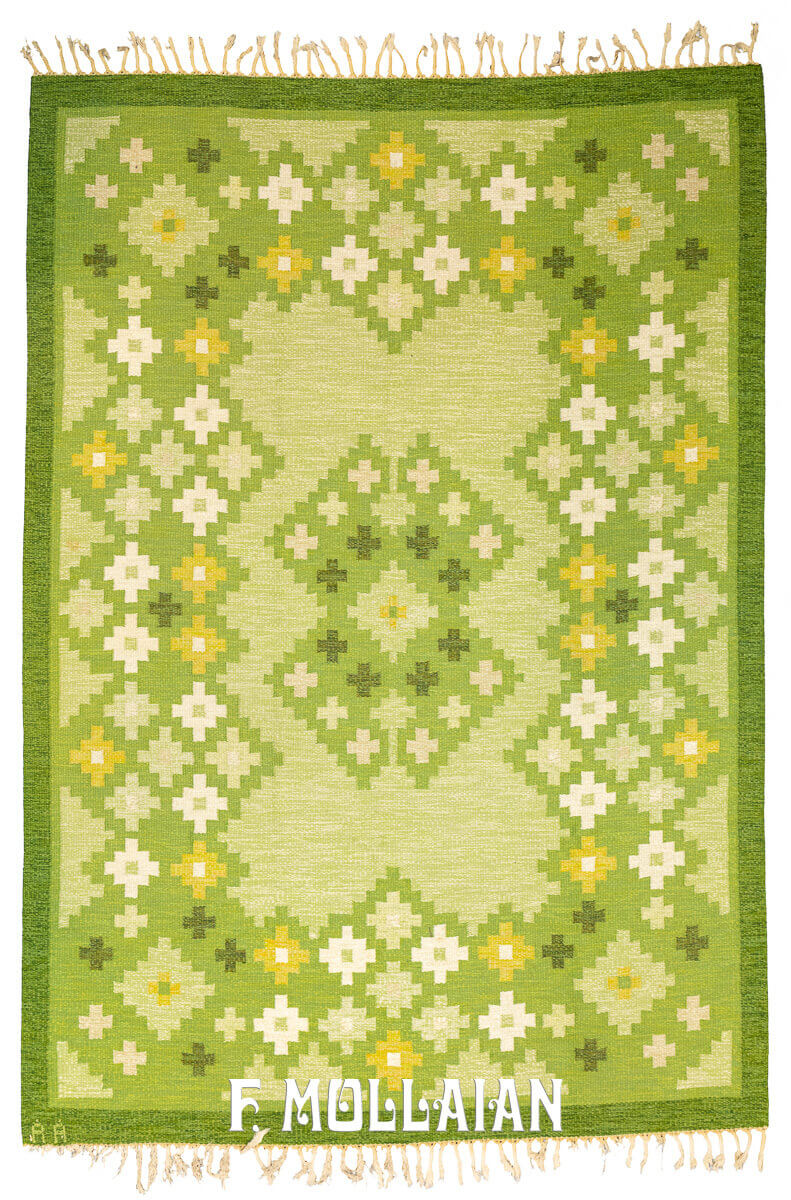 Greenish Signed Rollakan Swedish Wool Kilim n°:512174